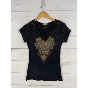 One World Shirt Womens Large Black Rhinestone Henley Embellished Fairy Grunge